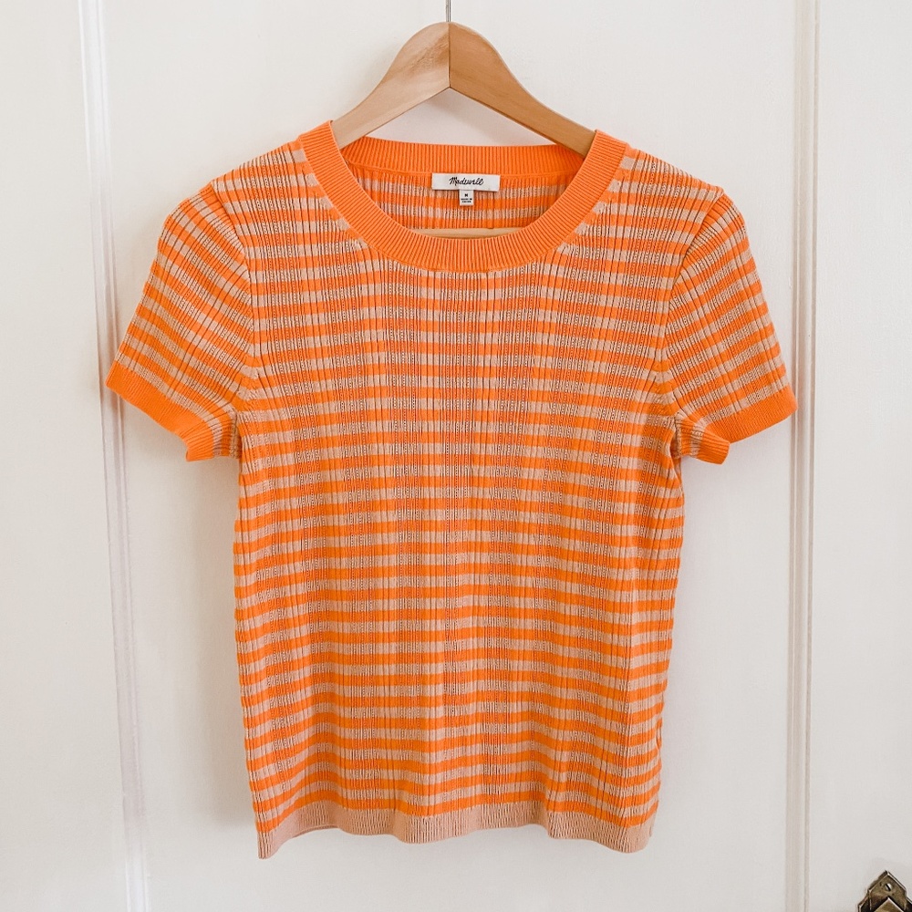 Madewell Ringer Sweater Tee in Neon Stripe Orange Size Medium